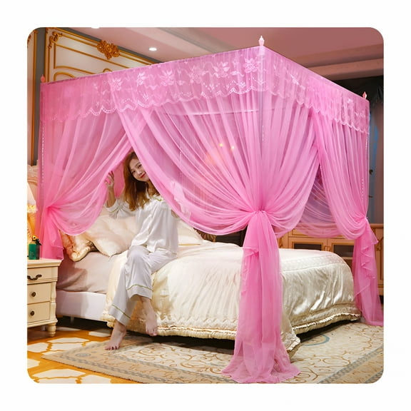 AUQ 4 Corners Post Ruffle Canopy Bed Curtains for Girls Kids Adults - Cute Cozy Drape Square Netting - 3 Opening Mesh Net Canopy - Princess Bedroom Decoration