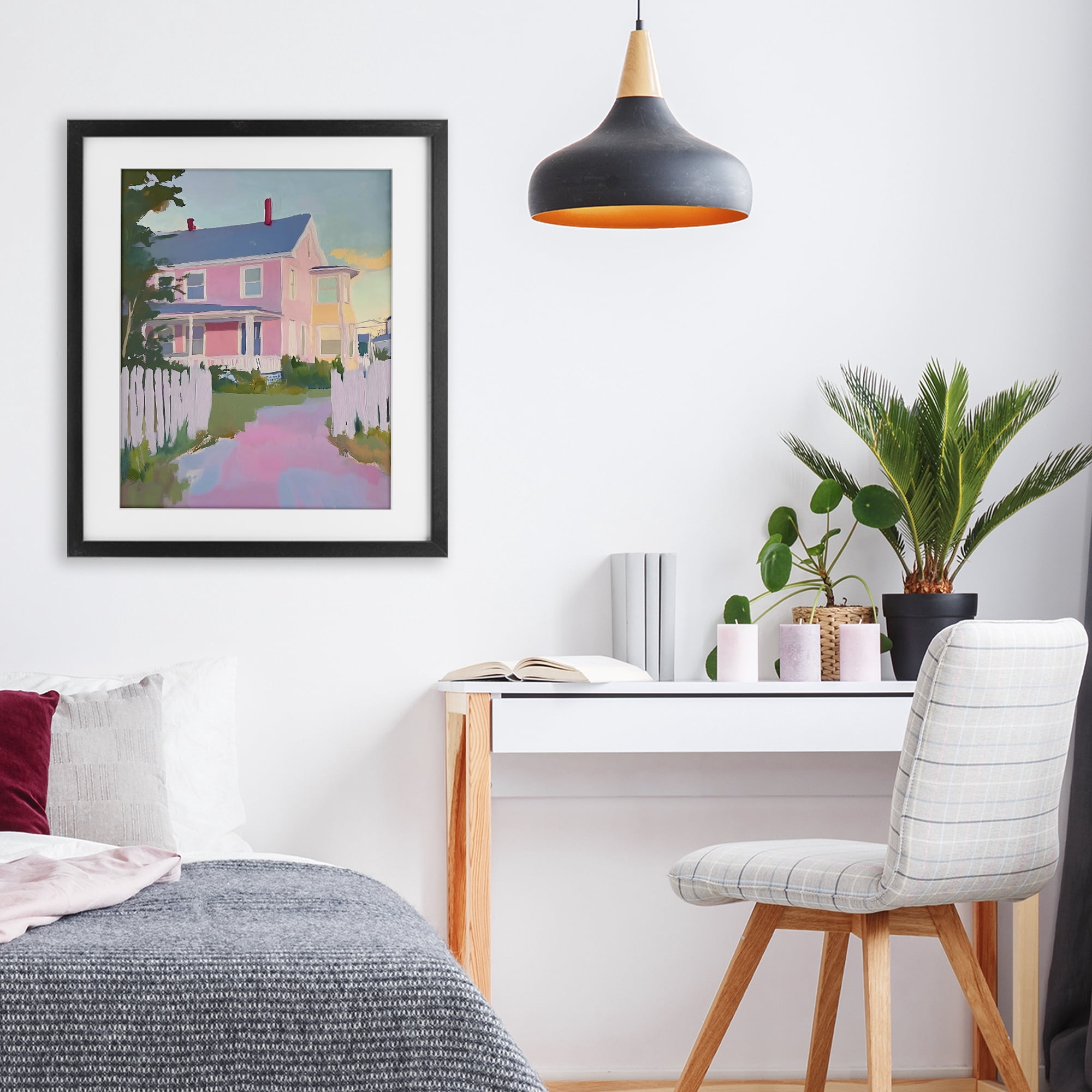 Stupell Industries Pastel Pink House with Fence Black Framed Print Under Glass, design by The Prints Vibe