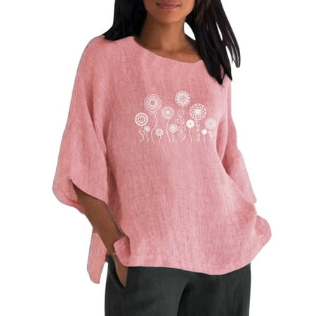 

Pianpianzi Collar Top Women Cotton Scrub Top Women Cotton Scoop Neck Tee for Women Summer Womens 3 Of 4 Sleeve Crew Neck Floral Printed Loose Top T Shirts Casual Linen Tunic Tee Blouse