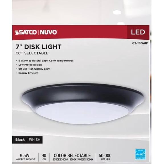 Satco 62-1804R1  7 Inch LED Disk Light 9.5W CCT Selectable 2700K-5000K 780 Lumen Dimmable Wet Rated Black Finish Energy Star (1 Pack)