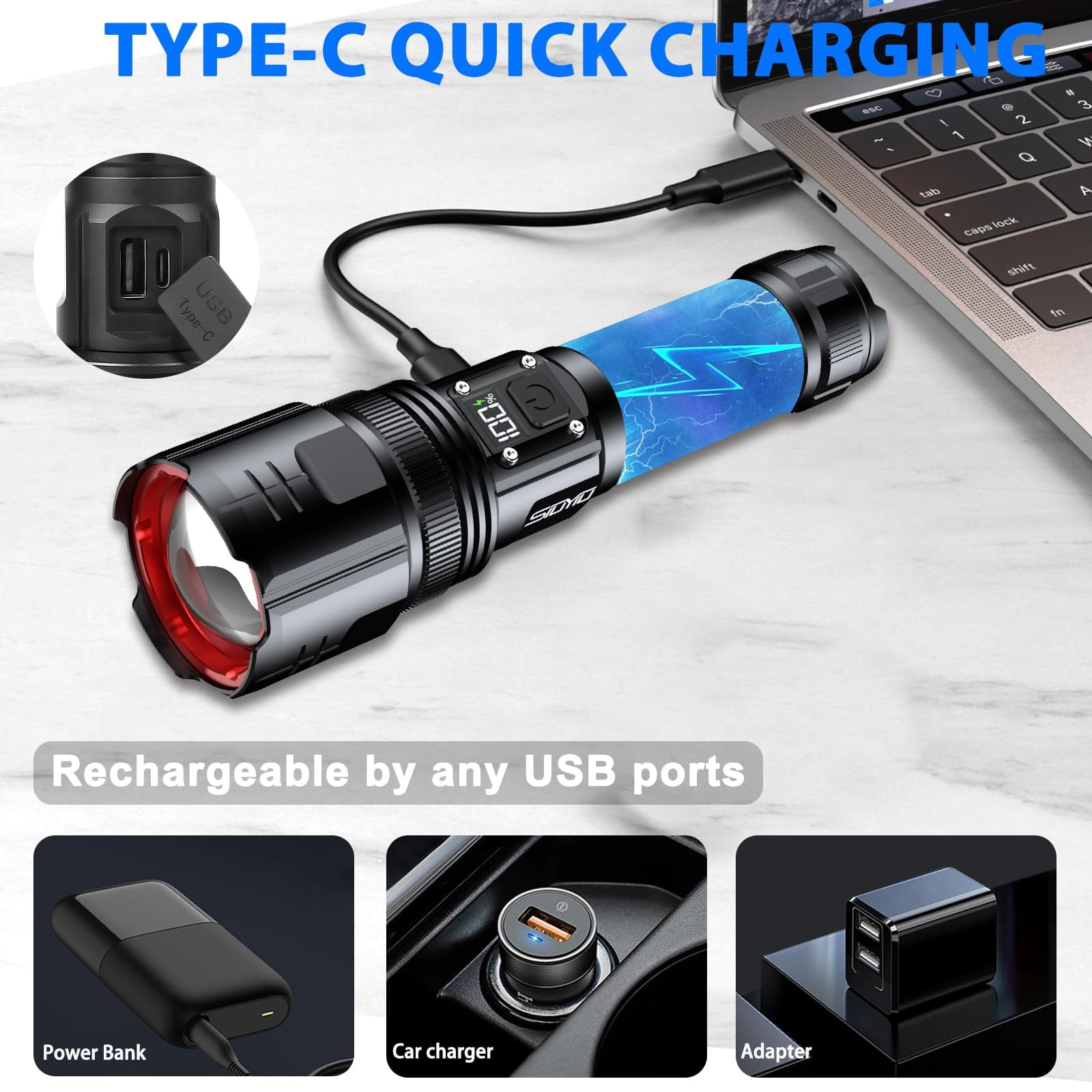 Genwiss 2000 Lumens Rechargeable Flashlight with Digital Power Display, Tactical, Zoomable, 4 Modes