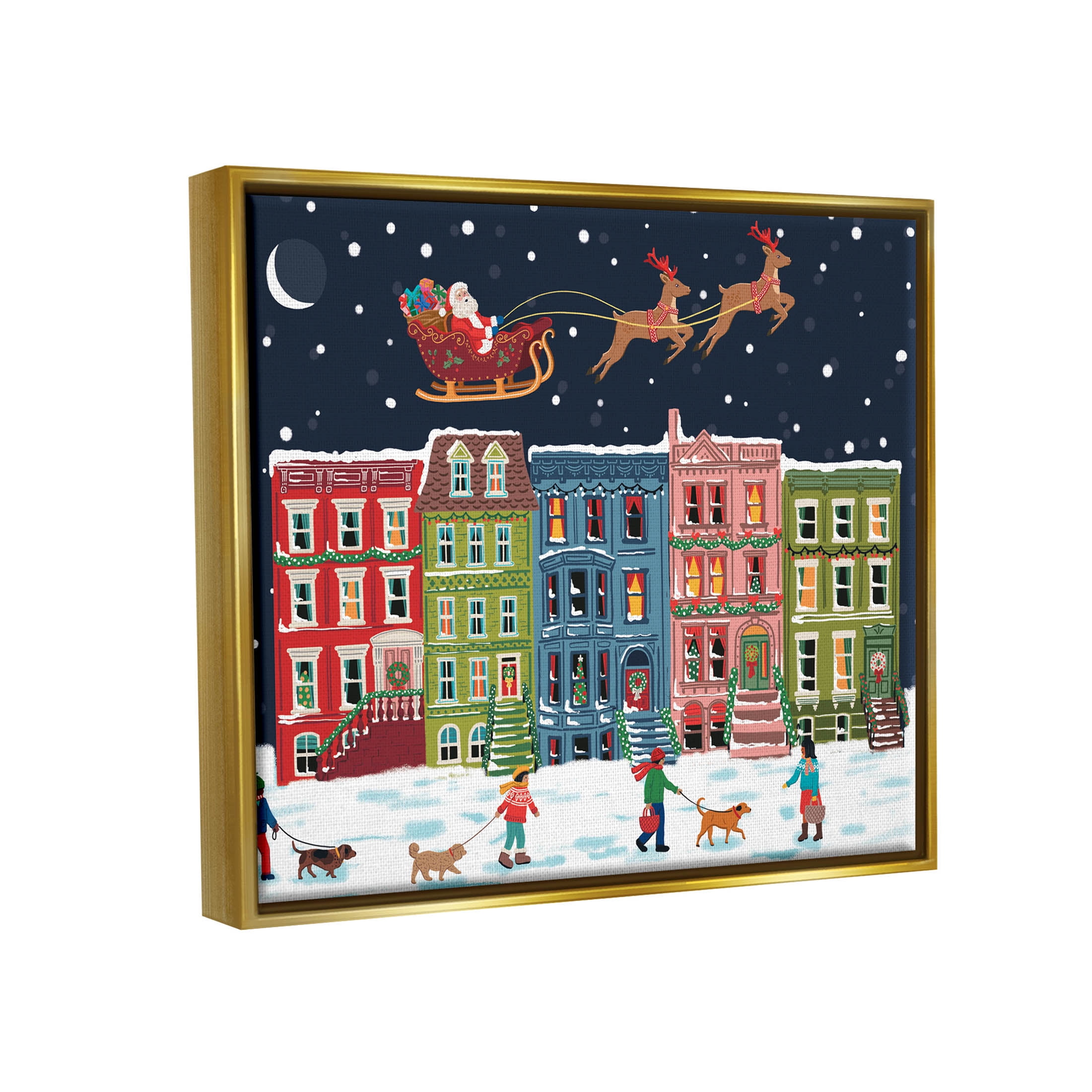 Snowy Christmas Town Santa Overhead Holiday Graphic Art Metallic Gold Framed Art Print Wall Art