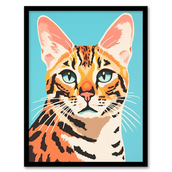 Bengal Cat Bold Vibrant Flat Style Screen Print Risograph Artwork Spot Block Colour Duotone Retro Riso Interior Design Art Print Framed Poster Wall Decor 12x16 inch
