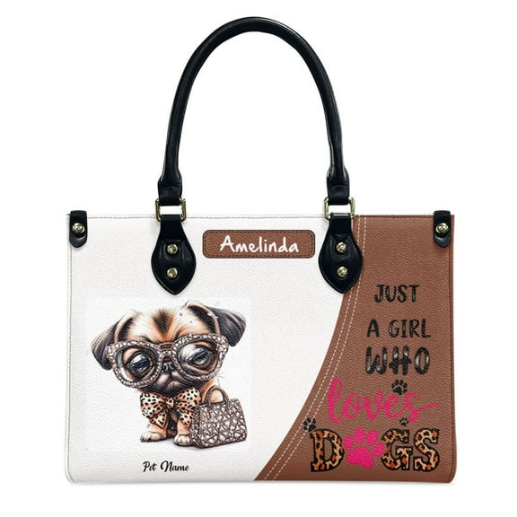 Pug dog Dog Bag, Personalized Leather Handbags For Women - Personalized Leather Purse with Name - Tote Bags for Mom Grandma - Custom Gifts Ideas for Her, Gift for Dog Lover