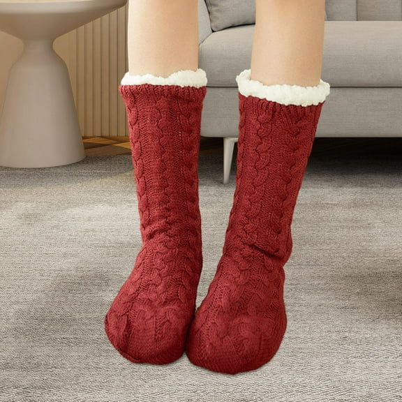 fenteer Winter Indoor Non Slip Thermal Socks Plush Leg Warmers Warm Thick Slipper Socks Floor Socks for Bedroom Valentine'S Day Gift Red