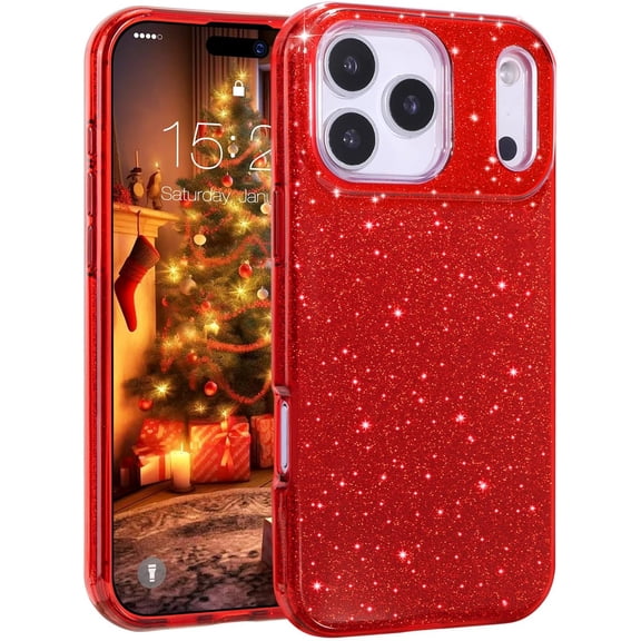 Compatible with iPhone 17 Pro Max Case 6.9'' [2025], Glitter Bling Trendy Sparkle Protective 3-Layer Shockproof Anti-Scratch Christmas Cover for Girls Women -Red