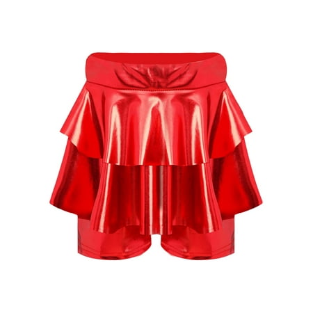 Haitryli Kids Girls Shiny Metallic Hip Hop Jazz Dance Skirted Shorts Sparkly Ruffle Tiered Culotte Performance Dancewear Red 5-6