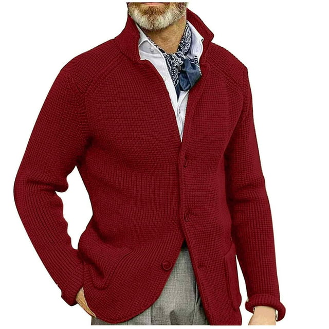 Lovzfmll Men's Knit Cardigan Notched Lapel Button Pockets Sweater Wine, 3XL