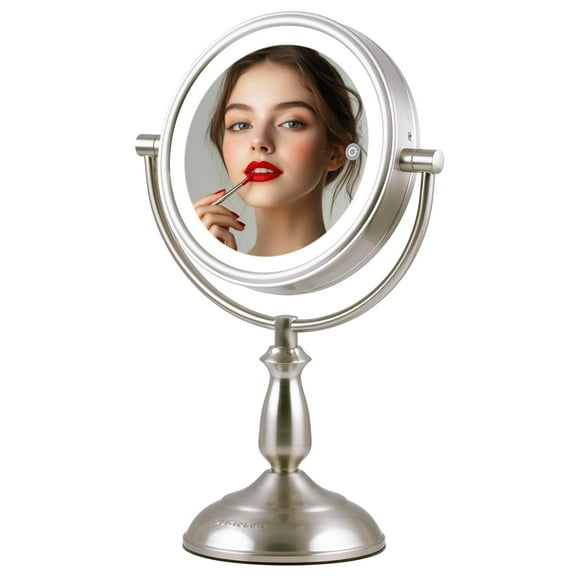OVENTE 8" Lighted Tabletop Vanity Makeup Mirror - Dimmable w/ 1X & 10X Magnification, Double Sided, Spinning, Three Toned Smart Touch Glow LED Lights, Auto Shut Off Timer Nickel Brushed MPT751BR1X10X