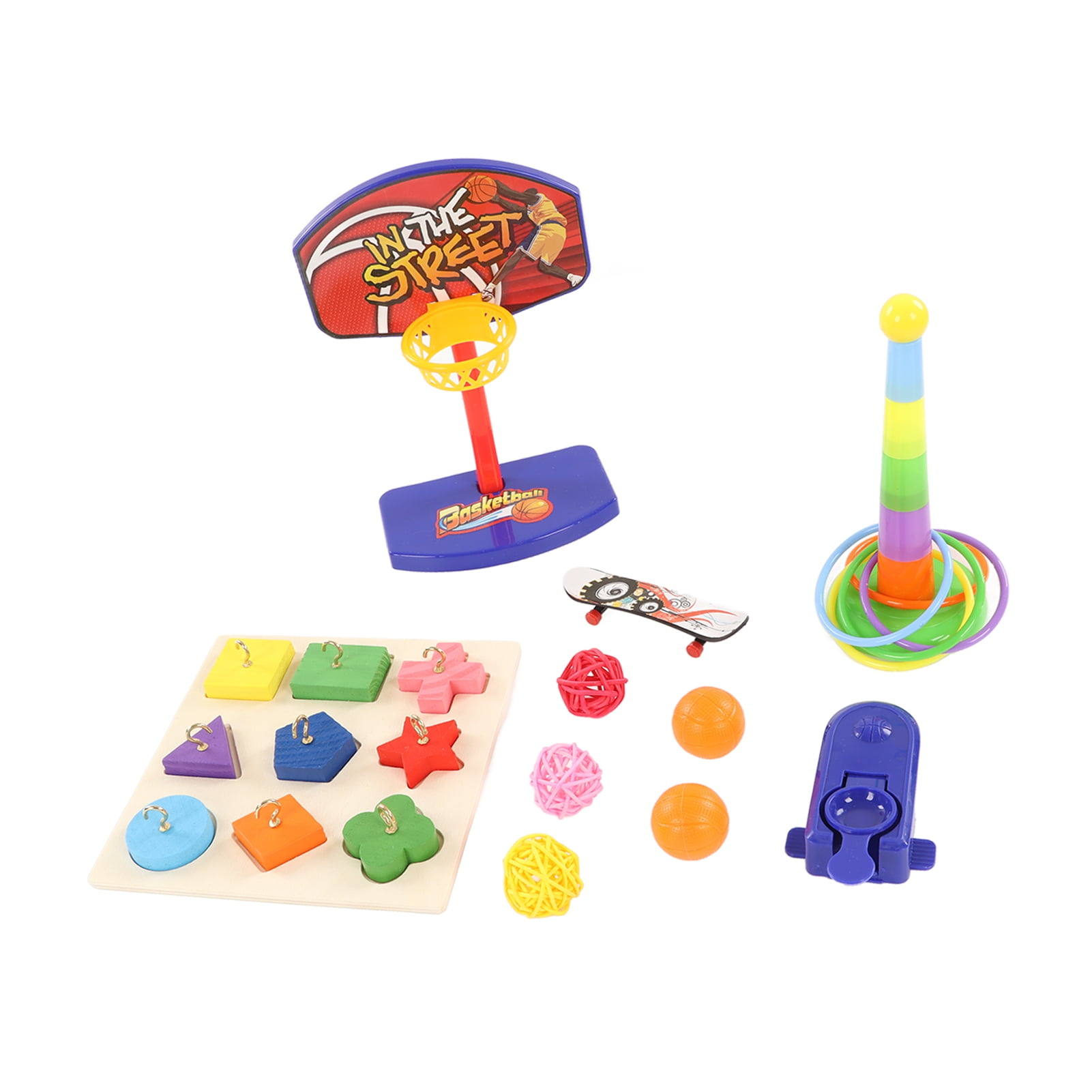 BIMZUC 7-In-1 Colorful Parrot Bird Toys Set Basketball Skateboard Relieve Anxiety Puzzle Stacking Toys For Budgies Cockatiels Lovebirds Parakeets 5.9x5.9 In