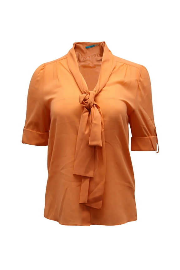 Pre-Owned Alice & Olivia Berta Pussy Bow Top in Orange Silk