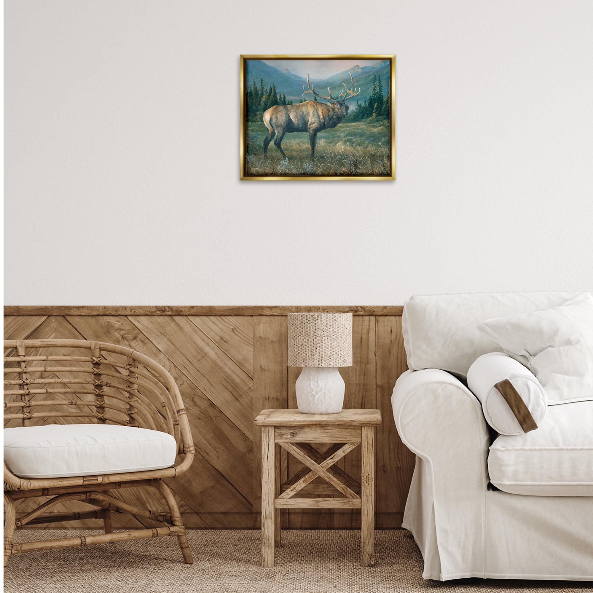 Stupell Industries Powerful Elk in Field Animals Painting Gold Floater Framed Canvas Art Print Wall Art, 21 x 17