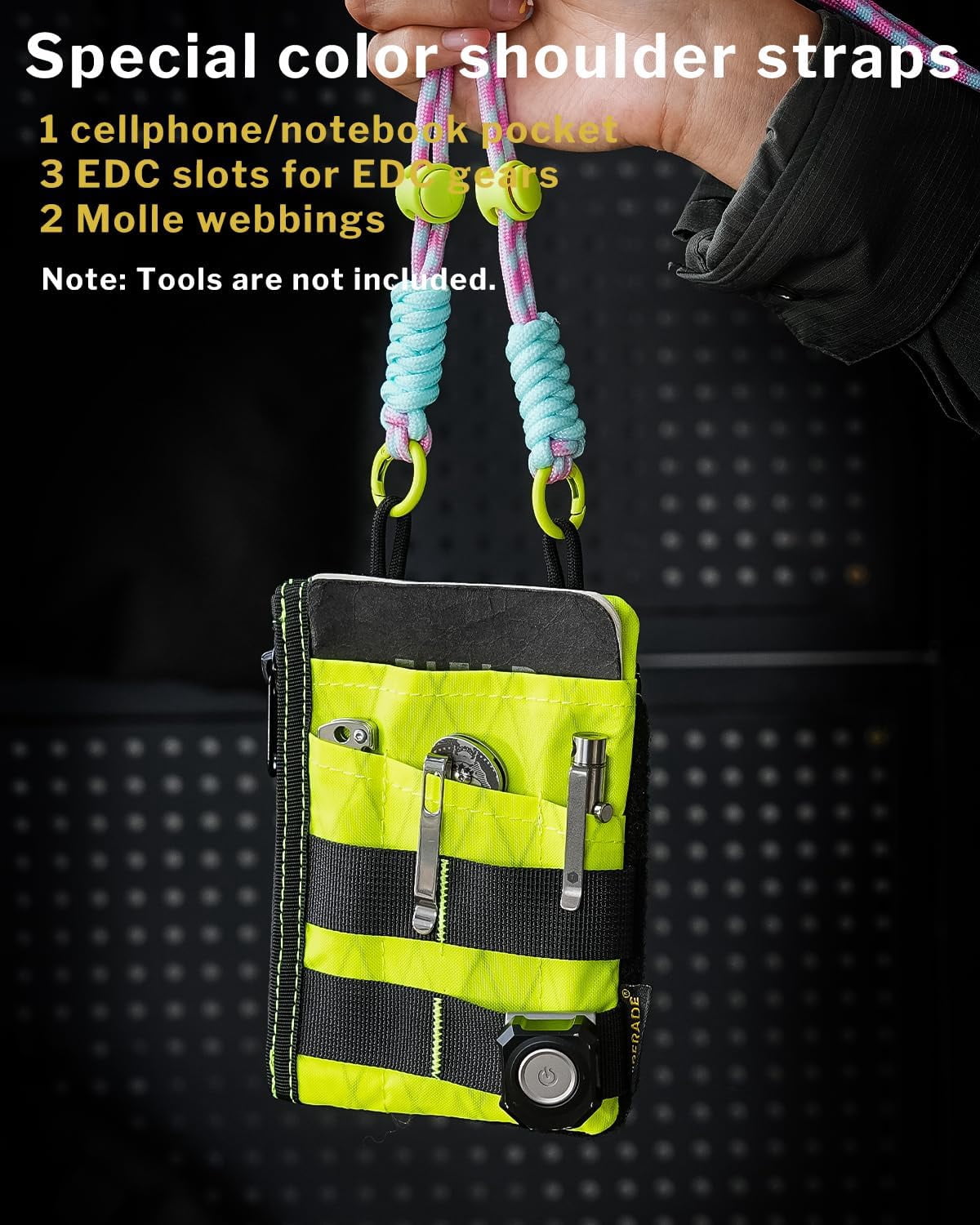 VIPERADE EDC Pocket Pouch with Strap, 5 EDC Pocket with 2 Zipper Pockets, Pocket Ogranizer for Men, Small EDC Sling Organizer Bag, Slim EDC Wallet Multitool Pocket Pouch (XPAC-Hot Lime)