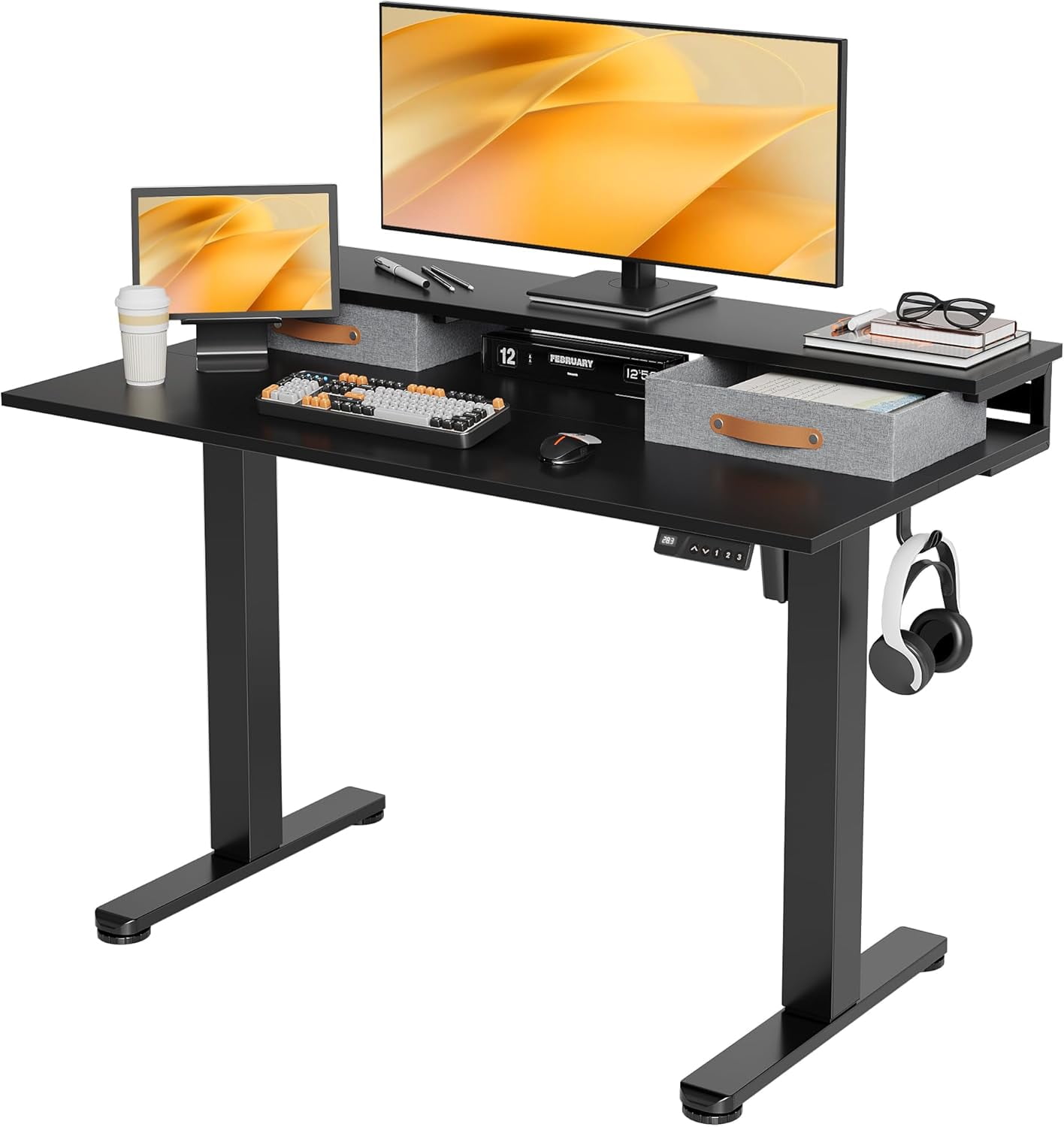 Claiks Electric Standing Desk with 2 Drawers, Adjustable Standing Desks with Storage, Height Adjustable Stand up Desk for Home Office with 2 Hooks,55 Inch Black