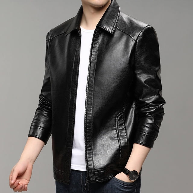 Chaqueta de cuero para hombre, abrigo informal de otoño e invierno para hombre, ropa de cuero engrosada con forro polar para hombres de mediana edad y mayores