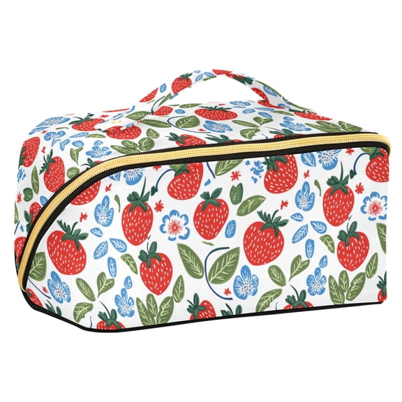 FORMRS Makeup Bag Travel Cosmetic Organizer for Women Fold Flat Zipper Pouch with Handle, Vibrant Strawberries