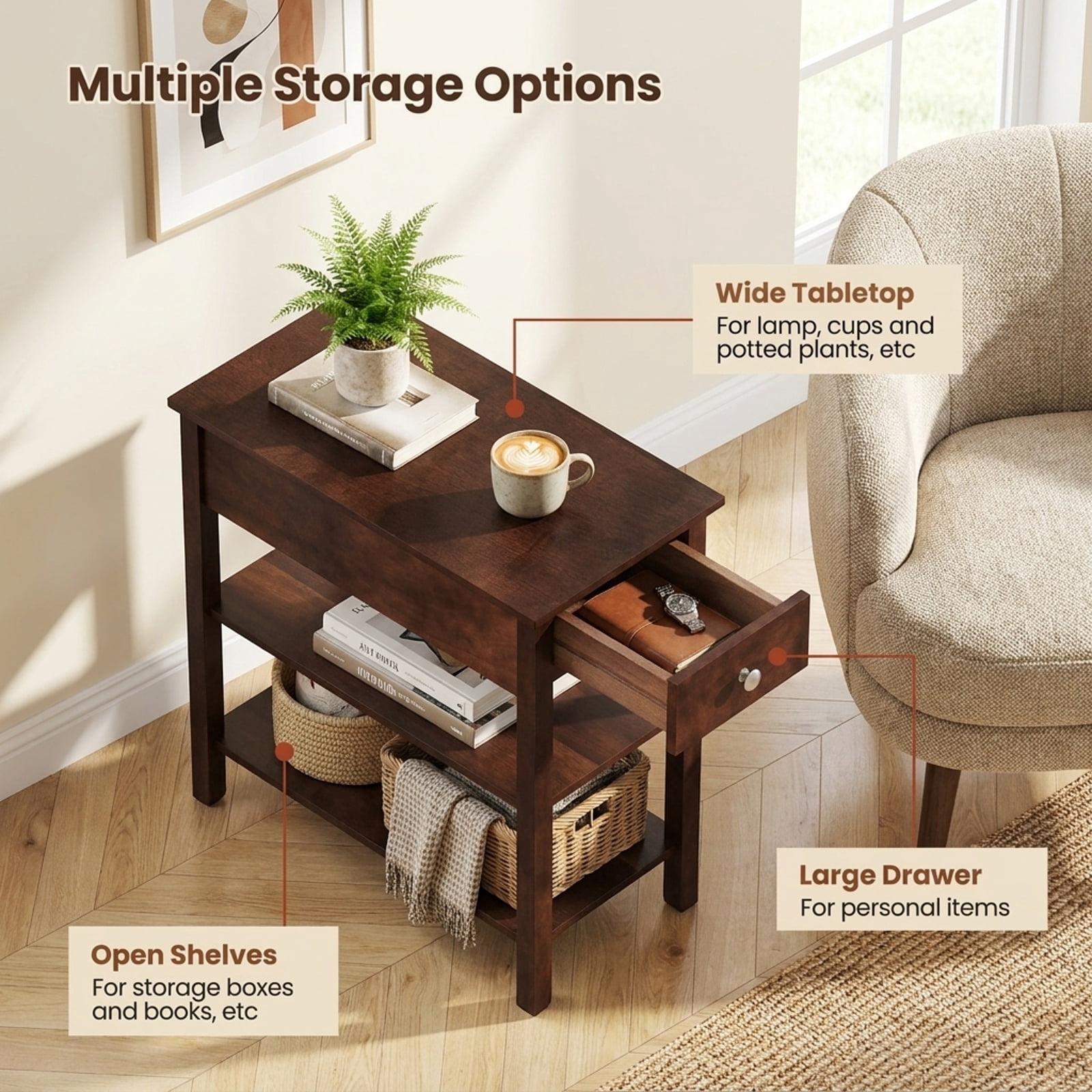 Furnibear 3 Tier Narrow End Table with Pull Out Drawer and Open Storage Shelves and Solid Rubber Wood Legs for Living Room and Bedroom, Walnut