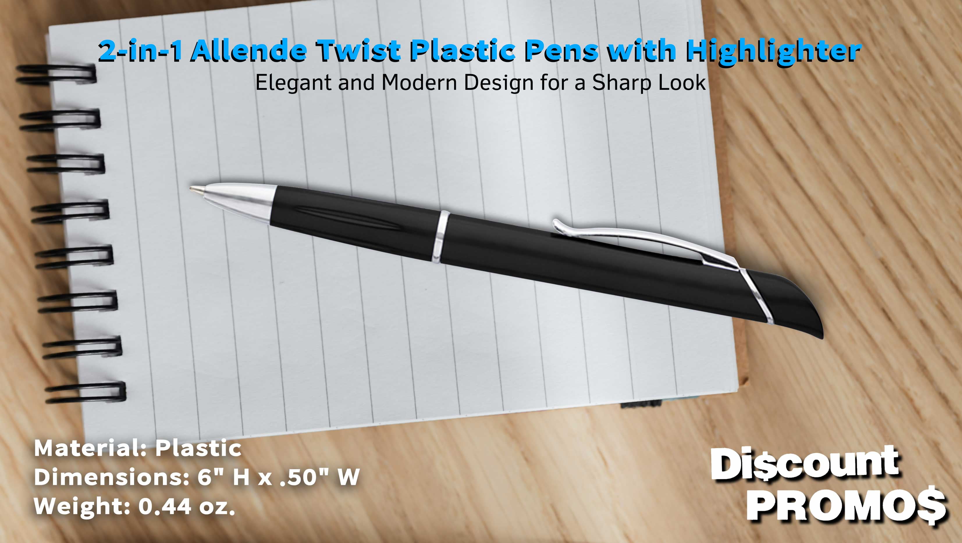 10 Allende Twist Plastic Pens with Highlighter Pack - Stylish, Durable, Black Ink - Black