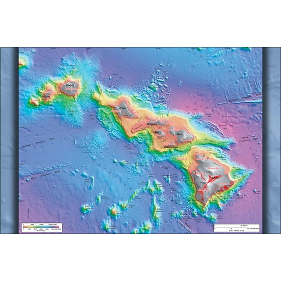 24"x36" Gallery Poster, Bathymetric map of the Hawaiian Islands