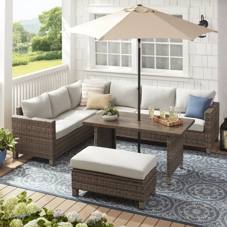 Better Home & Gardens Brookbury 4 Piece Outdoor Wicker Patio Sectional Dining Set, Beige Cushions