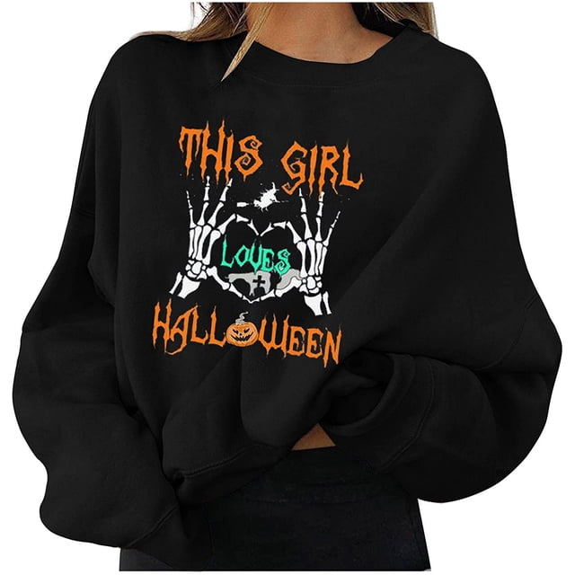 Chandails en Molleton d'Halloween pour Femmes Imprimé Squelette de Citrouille Surdimensionné Automne Chaud Doux Manches Longues Col Rond Pull Tops