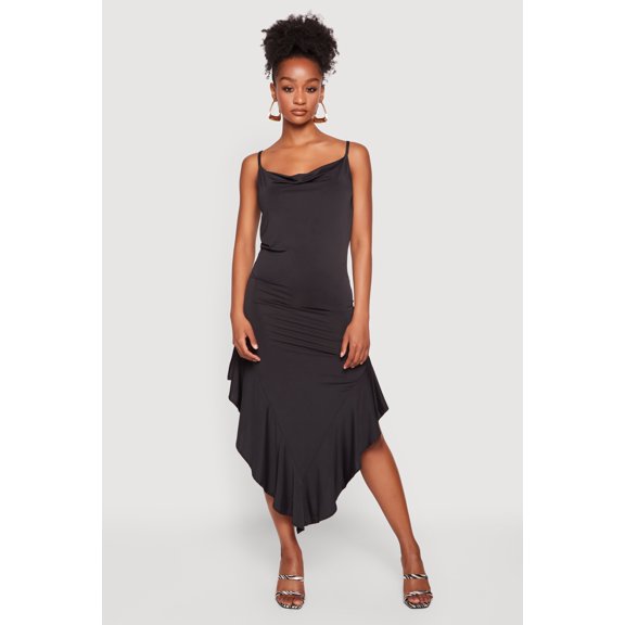 Women's Cowl Neck Asymmetrical Ruffle Hem Maxi Dress