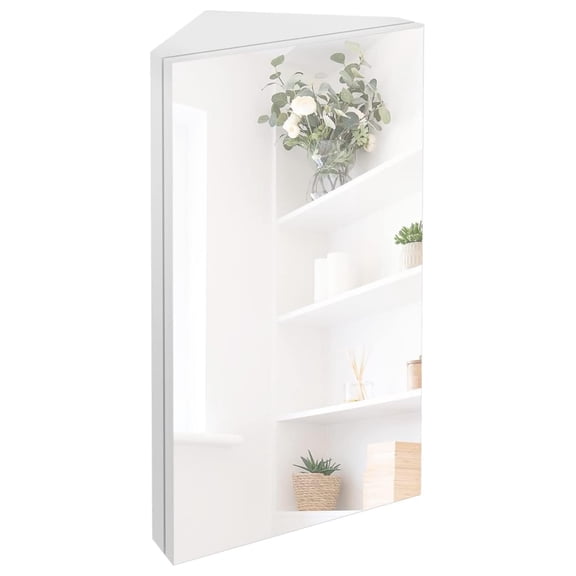 24" Bathroom Corner Medicine Cabinet W/Mirror, Single Door Bathroom White Wall Mount Mirror Cabinet, Hanging Triple Shelf Storage Cabinet Opens Left to Right