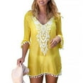 thumbnail image 3 of Langgg Robe de Plage en Dentelle pour Femme, Cache-Maillot à Col en V avec Pompons, Style Bohème, Jaune, TG, 3 of 7