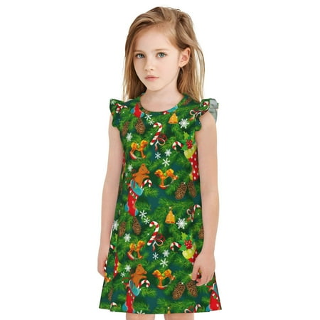 Fuzoiu Cute Christmas Stocking Bear Print Girls  Nightgowns Pajamas Dress Girls Nightgowns Girls Sleepwear Nightie Toddler Nightgown Sleepwear Flutter Short Sleeves Night Gowns for Kids-Large