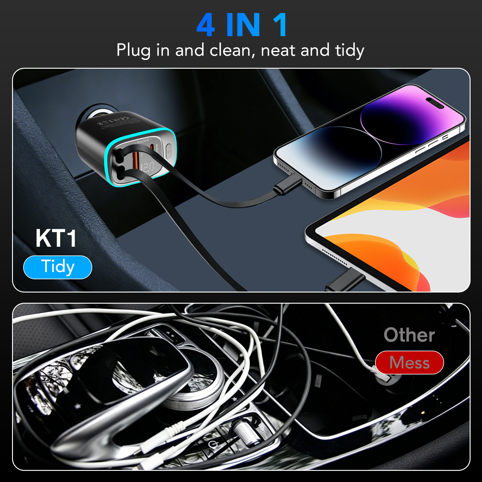 KT1 85W Retractable Car Charger with USB-C and Lightning Cables photo 3