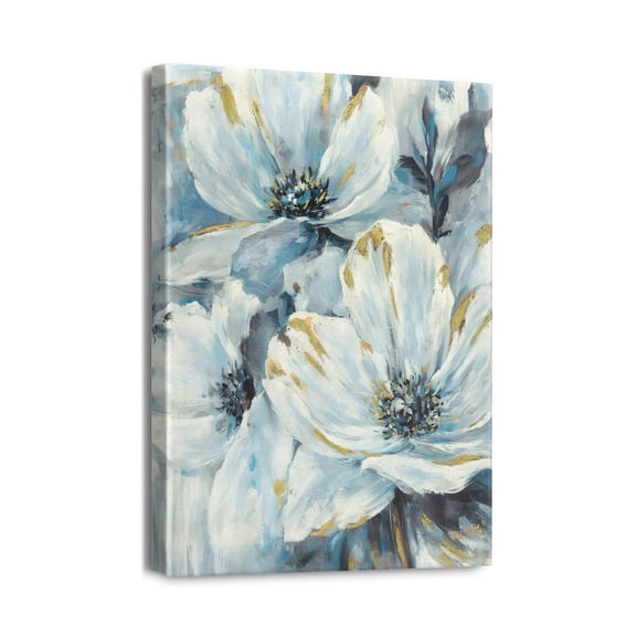 Floral Elegance Navy Blue Abstract Flower Painting on Canvas - Vintage Gray Wall Art for Bedroom or Bathroom Décor, High Quality Print, 12X16 inches