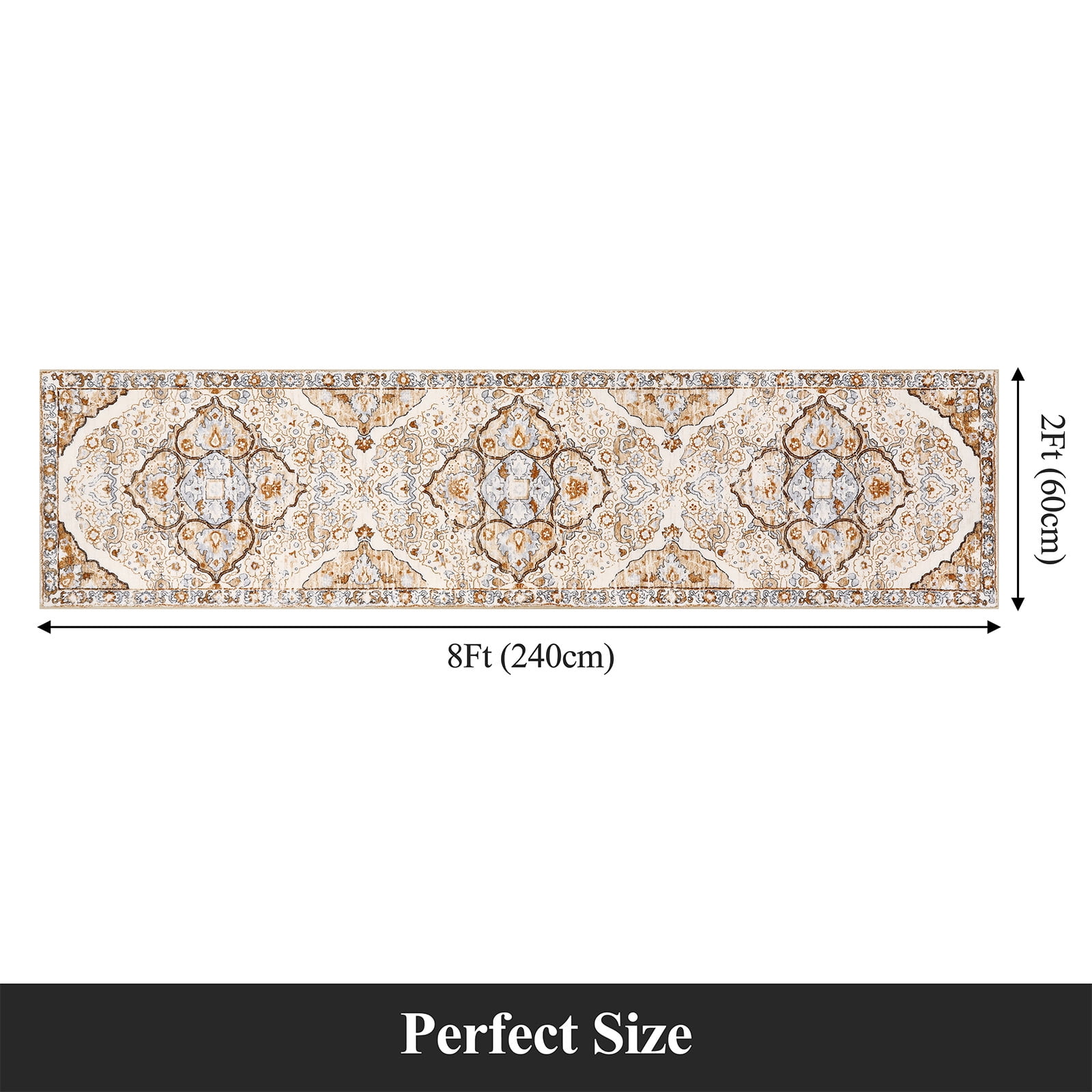 MeyJey Boho Indoor Hallway Runner Rug 2'x8', Oriental Non Slip Machine Washable Area Rug Distressed Vintage Floor Carpet for Bedroom Kitchen Dinning/Living/Laundry Room, Cream/Orange