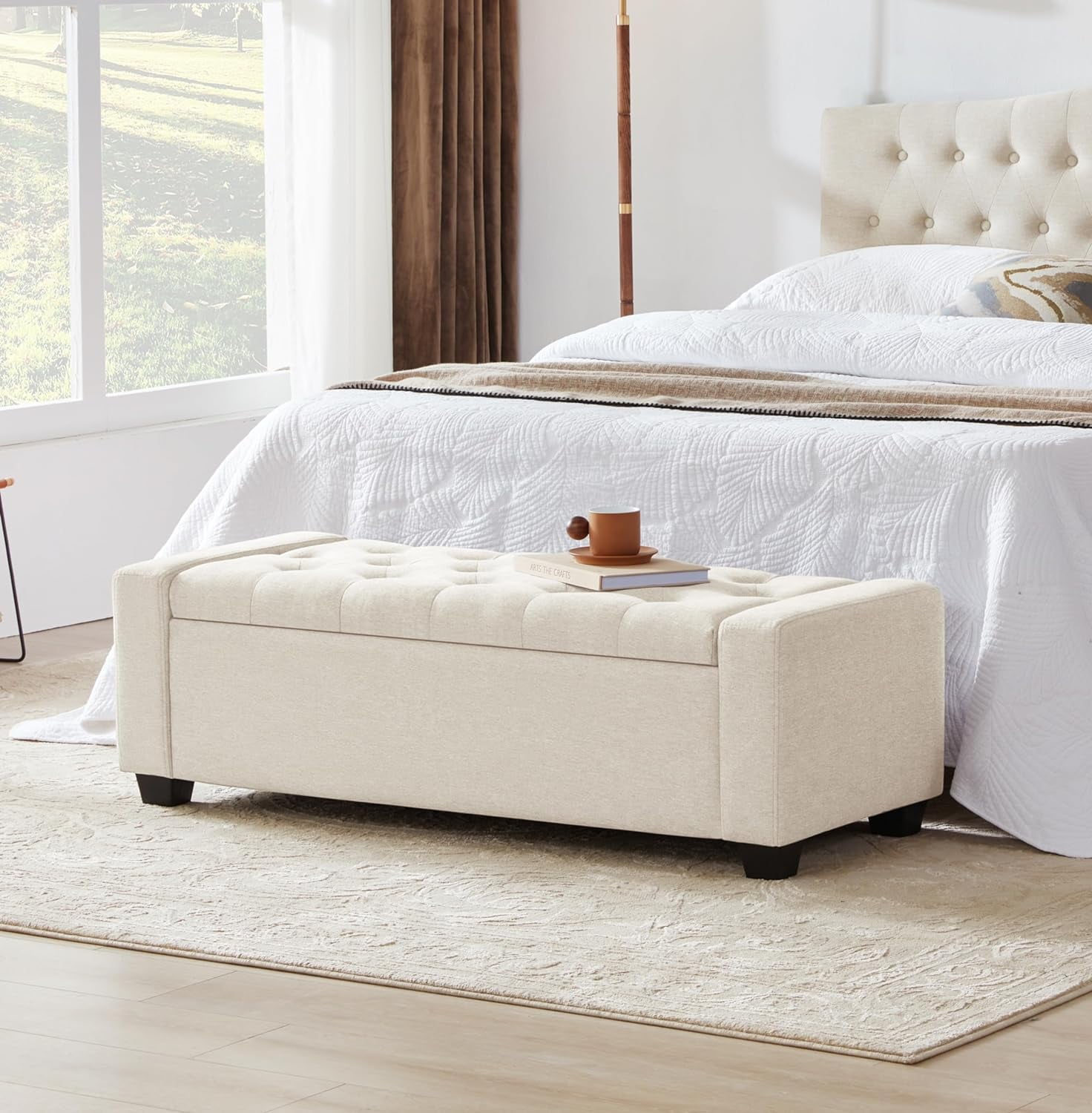 Weture Storage Ottoman Bench with Tufted, Safety Hinge & Upholstered Storage, 330 lb Limit, Beige