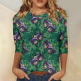 thumbnail image 2 of Mardi Gras Shirts Womens Glitter Crew Neck Purple Graphic Tee 3/4 Sleeve Feathers Print Holiday Tops Green S, 2 of 7