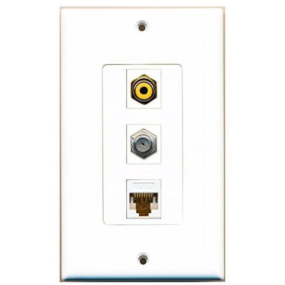 RiteAV - 1 Port RCA Yellow and 1 Port Coax Cable TV- F-Type and 1 Port Cat6 Ethernet White Decorative Wall Plate Decorative