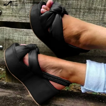 

MIASHUI shoes for women Summer Women Ladies Wedge Platform Sandals Casual Peep Toe Knotbow Slip On Shoes
