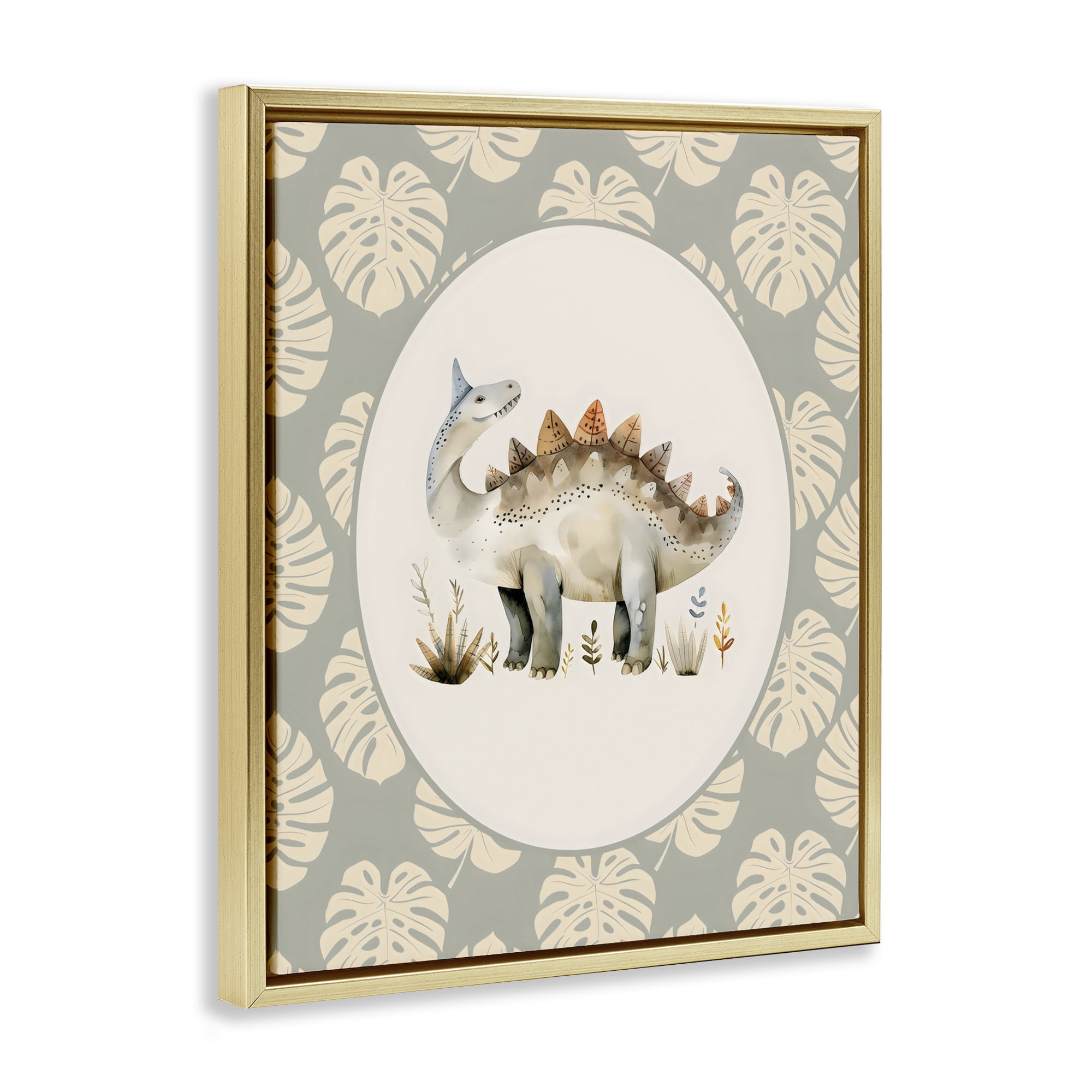 Stupell Industries Watercolor Dinosaur Monstera Border Gold Framed Floater Canvas Wall Art, design by LSR Design Studio