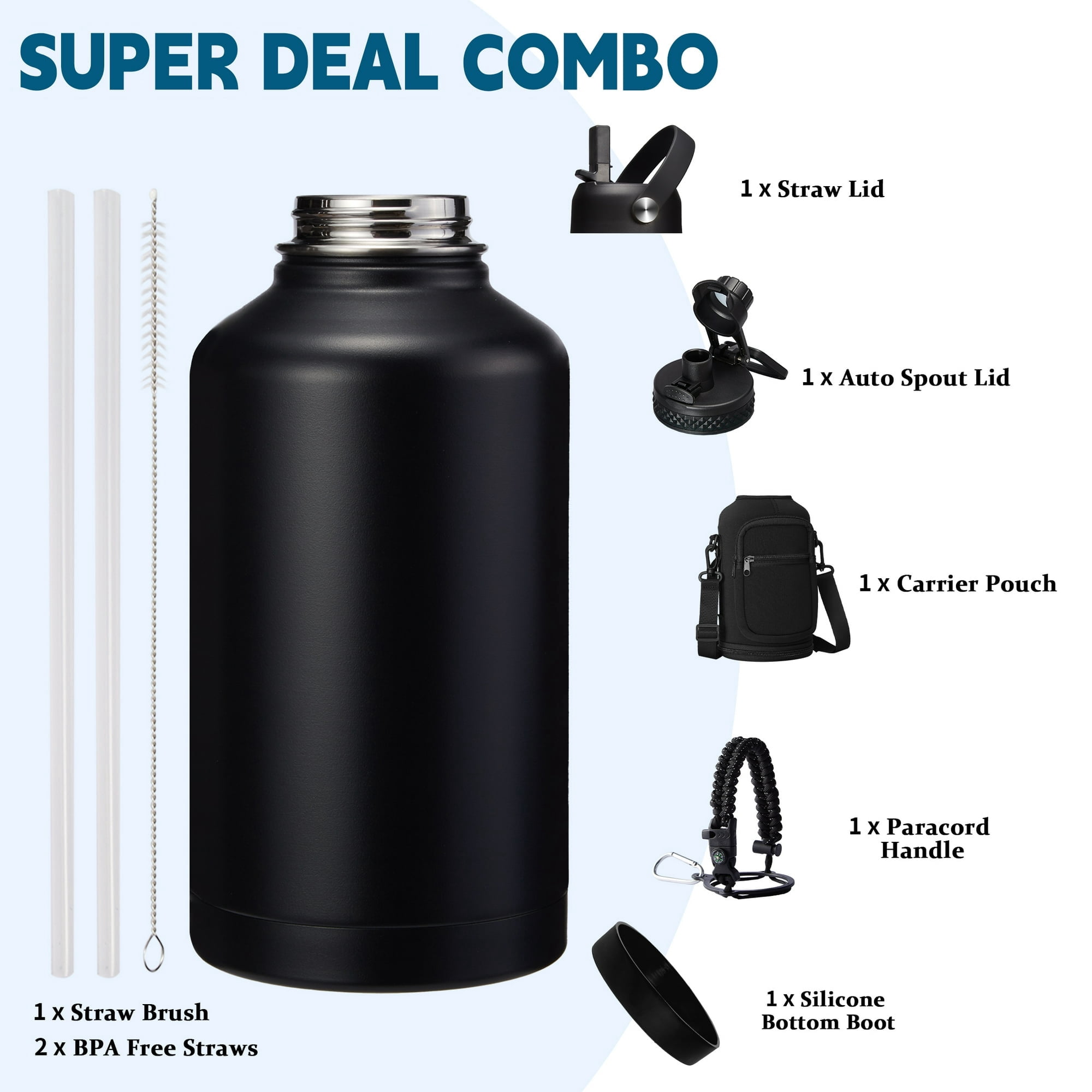 Half Gallon Insulated Water Bottle - 64 oz Stainless Steel Water Bottles with Straw Spout Lid, Paracord Handle, Shoulder Carrier Bag, Leak Proof BPA Free Water Flask Jug, Keep Cold-48H & Hot-24H