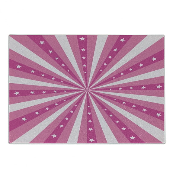 Retro Cutting Board, Retro Style Effect Stripes Bursting out from the Center with Stars, Decorative Tempered Glass Cutting and Serving Board, Small Size, Hot Pink and Coral, by Ambesonne