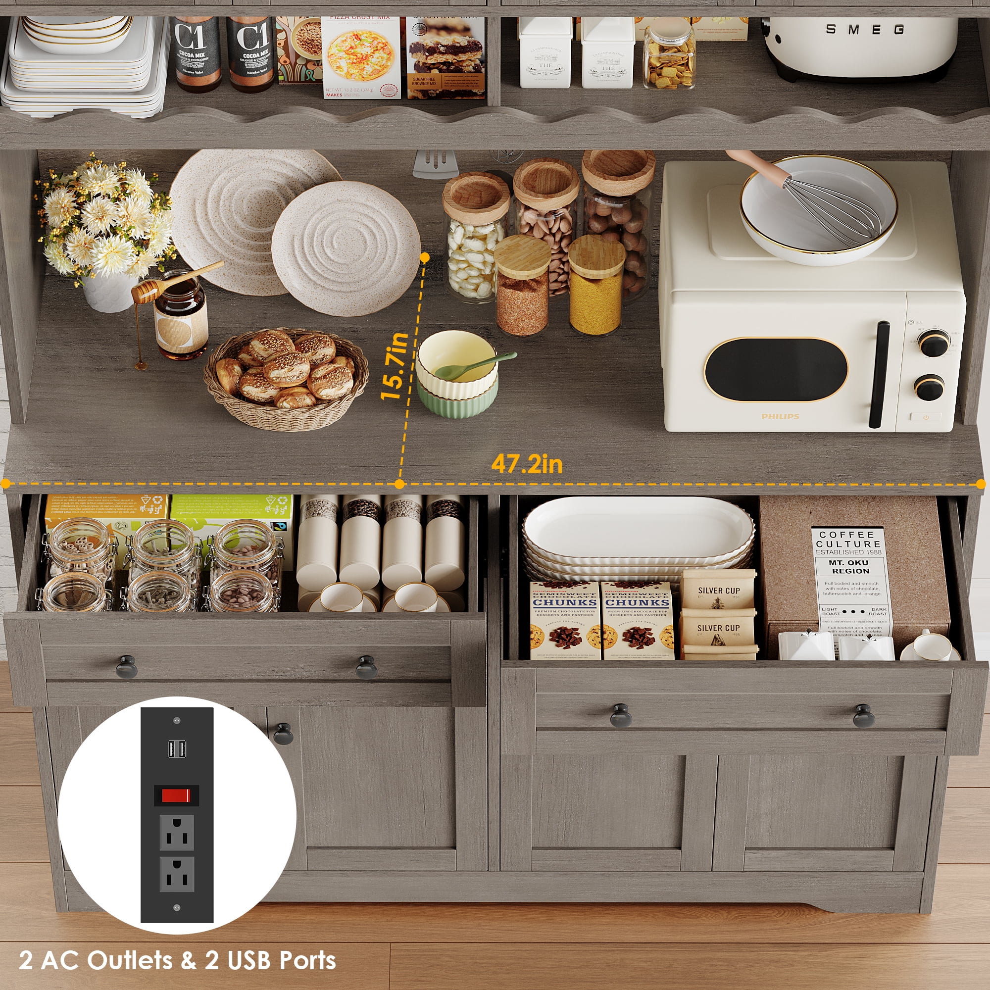 Hiphuta 75"Tall Kitchen Pantry Storage Cabinet with Power Outlet, Large Pantry Cabinet with Microwave Stand, Modern Freestanding Cupboard Hutch for Home Dinning Room, Ash Gray