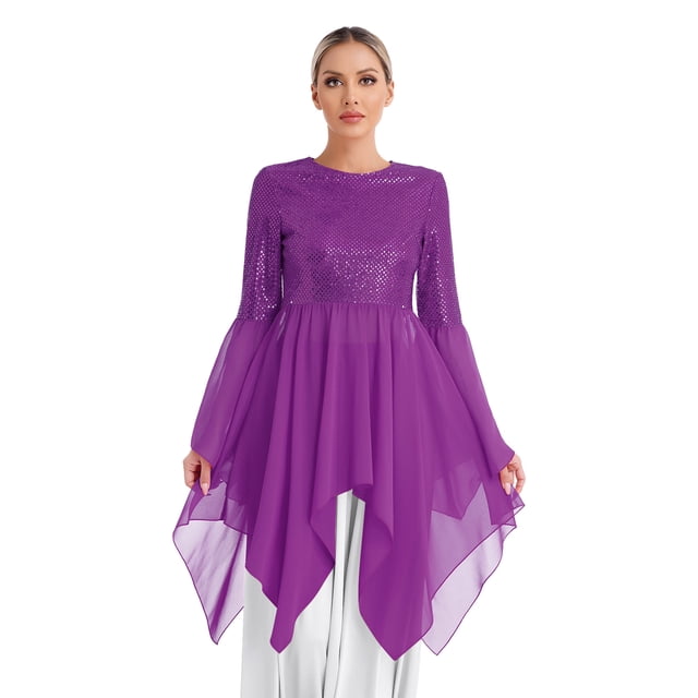 Yanarno Robe de Danse Liturgique de Louange pour Femmes, Costume de Performance de Danse de Culte à Paillettes Patchwork Violet P