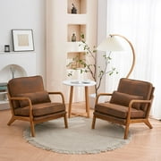 Accent Chairs, Single Linen Lounge Reading Armchair with Solid Wood Frame, Mid Century Modern Easy Assembly Arm Chairs for Living Room-Brown