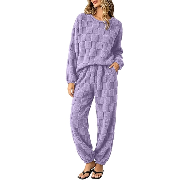 FAIWAD Fleece Pajama Sets for Women 2 Piece Long Sleeve Tops Elastic Pants Soft Sleepwear Outfits