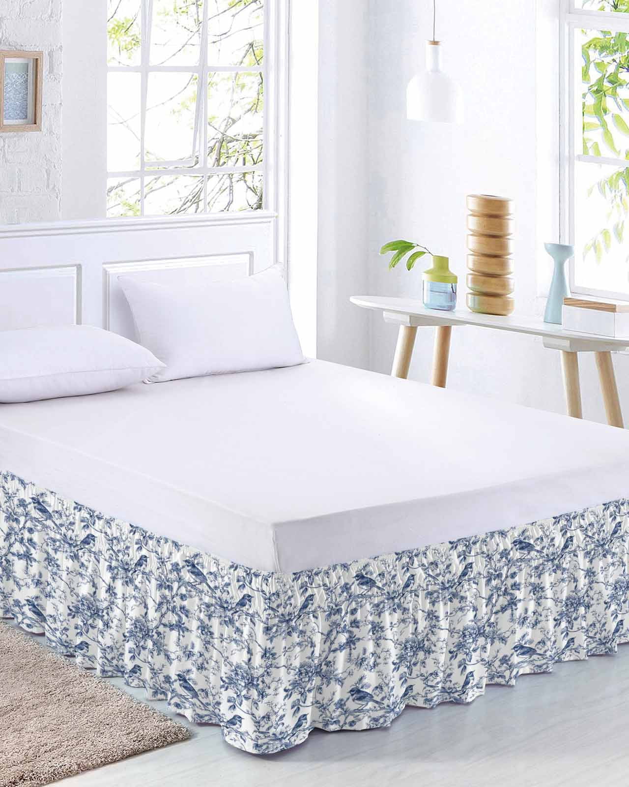 Blue Botanical Bed Skirt Queen Size, Vintage Botanical Birds Wrap Around Bed Skirting with Adjustable Elastic Strap, Dust Ruffle Pleated Bedskirts 16 Inch Drop for Bedroom Queen Beds