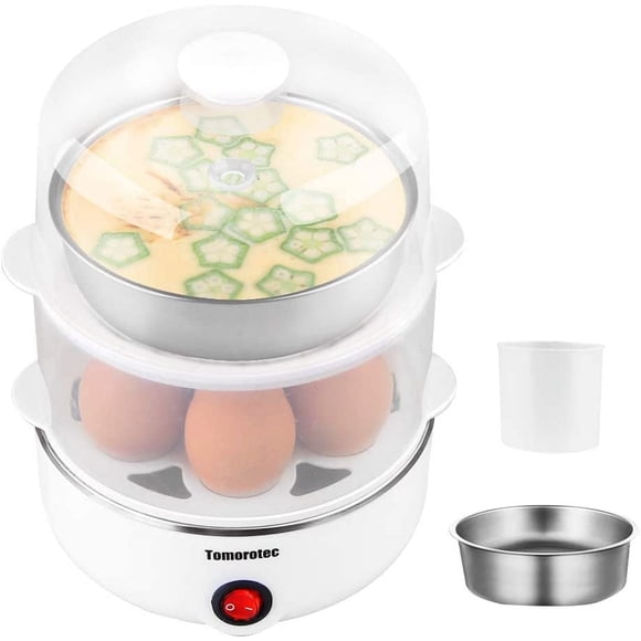 Cocedor de Huevos de 2 Niveles con Gran Capacidad para 14 Huevos, Tomorotec, Eléctrico y Rápido, Apagado Automático para Huevos Duros, Escalfados, Verduras Al Vapor, Mariscos y Albóndigas.