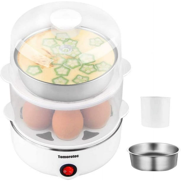 Cocedor de Huevos de 2 Niveles con Gran Capacidad para 14 Huevos, Tomorotec, Eléctrico y Rápido, Apagado Automático para Huevos Duros, Escalfados, Verduras Al Vapor, Mariscos y Albóndigas.