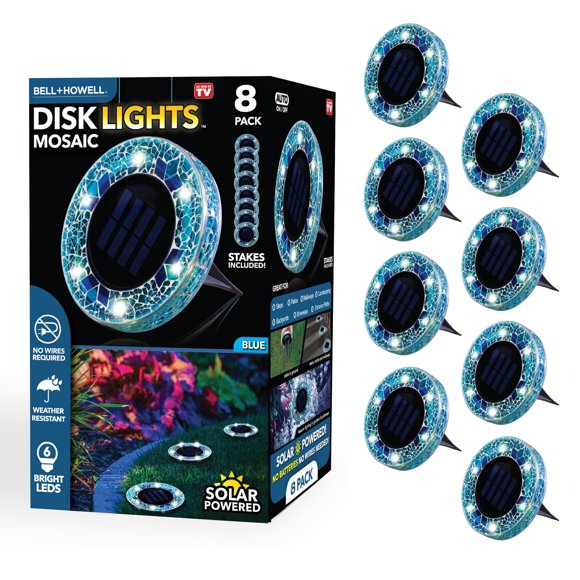 Bell + Howell 6 Disques Lumineux Ronds à DEL Mosaïque Bleue à Énergie Solaire - Lot de 8 avec Allumage/extinction Automatiques pour Jardin et Pelouse