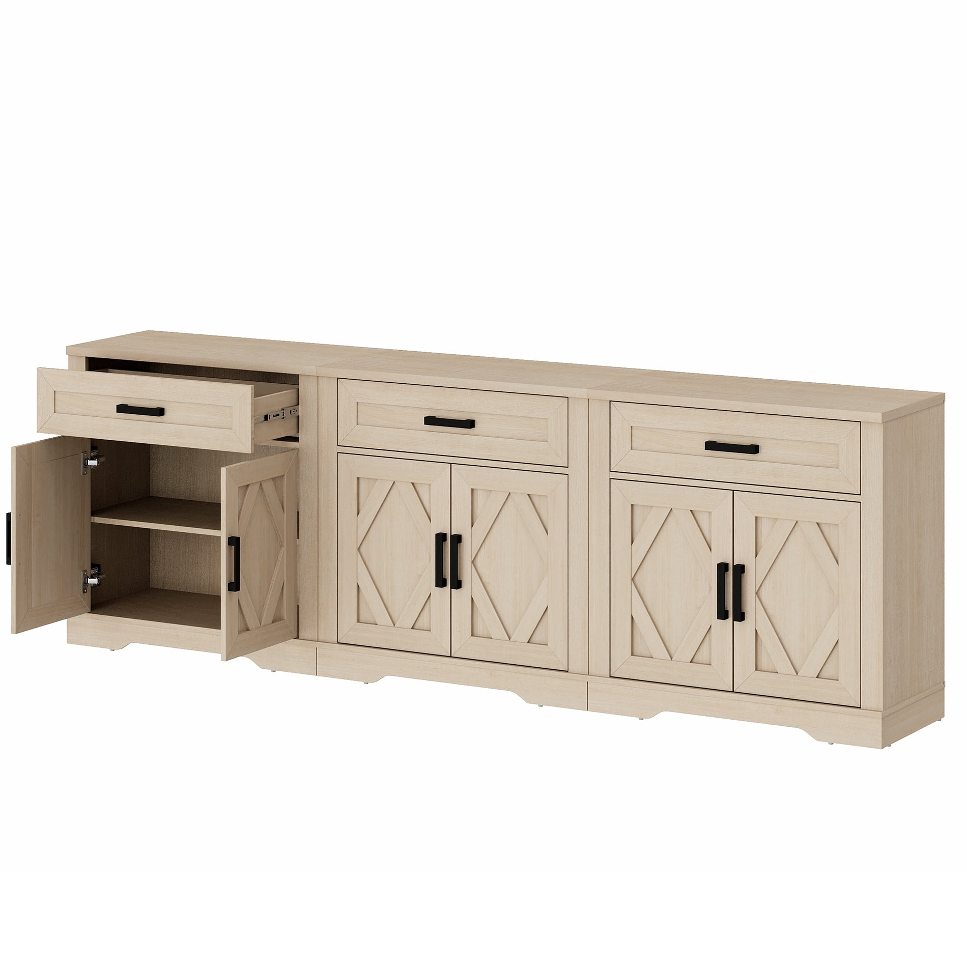 WAMPAT 94.5"W Farmhouse Buffet Sideboard with Barn Doors, Drawer & Storage, Beige