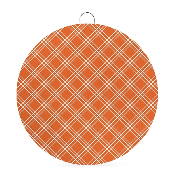 Welcome Sign for Front Door, Orange Tartan Round Metal Wall Art Wreaths, Classic Plaid Grid Geometric Modern Outdoor Indoor Wall Hanging Sign for Porch Decor Housewarming Gifts 5.9 Inch