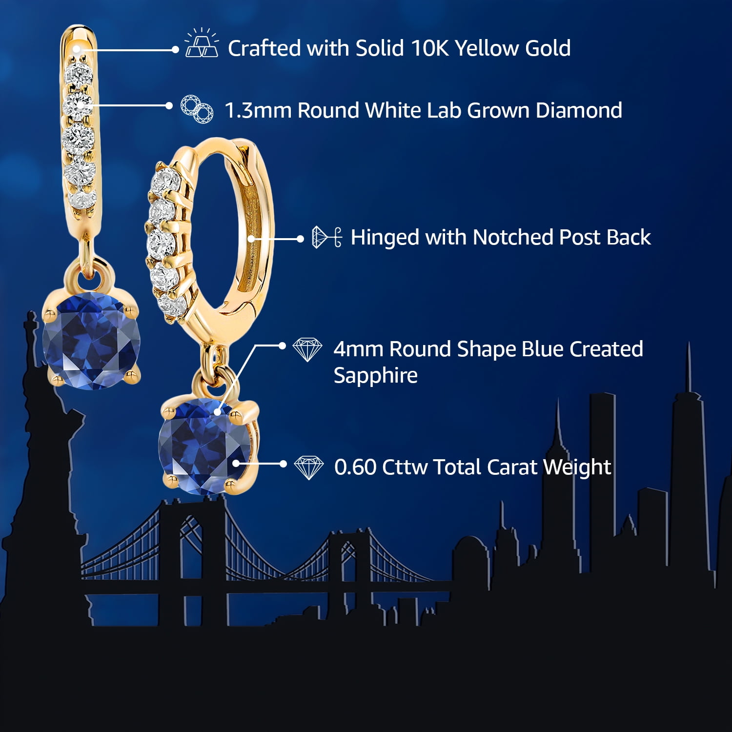 Gem Stone King 10K Yellow Gold Blue Created Sapphire and White Lab Grown Diamond Dangle Drop Huggie Hoop Earrings for Women (0.60 Cttw, Gemstone September Birthstone, Round 4MM)
